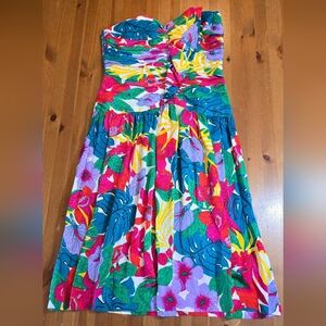 Vintage 80s Tropical Print 100% Silk Strapless Ruched Fit And Flare Dress Sz 12